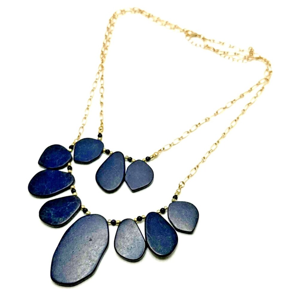 Vintage Blue Dragon Vein Bib Necklace Gold Tone Double Chain Statement 18"